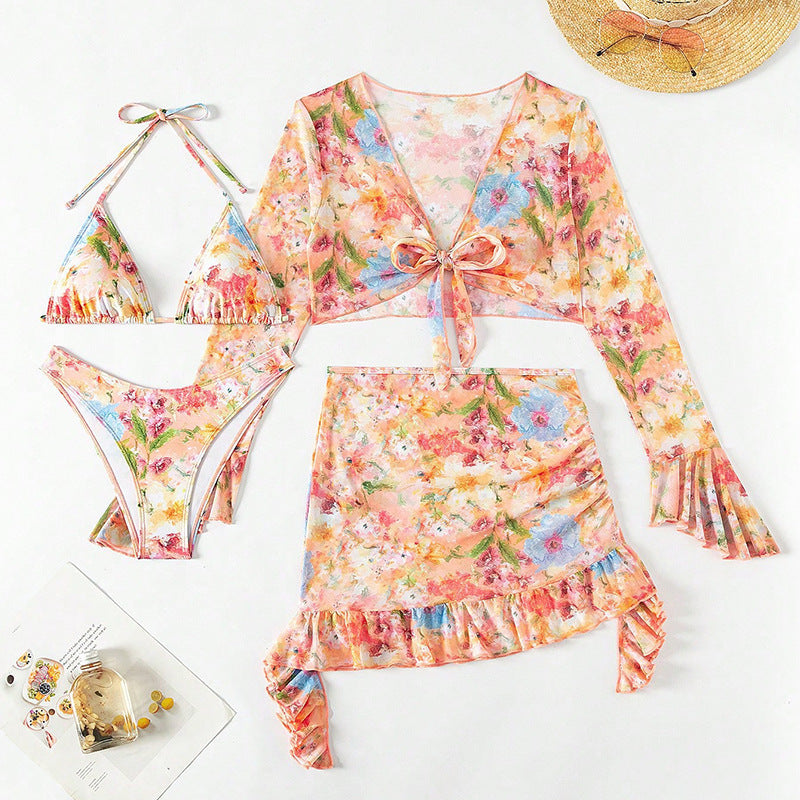 New European And American Printing Stylish Beach Bikini Four-piece Suit