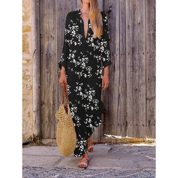 Chest Slit V-neck Irregular Digital Printing Long Sleeve Dress