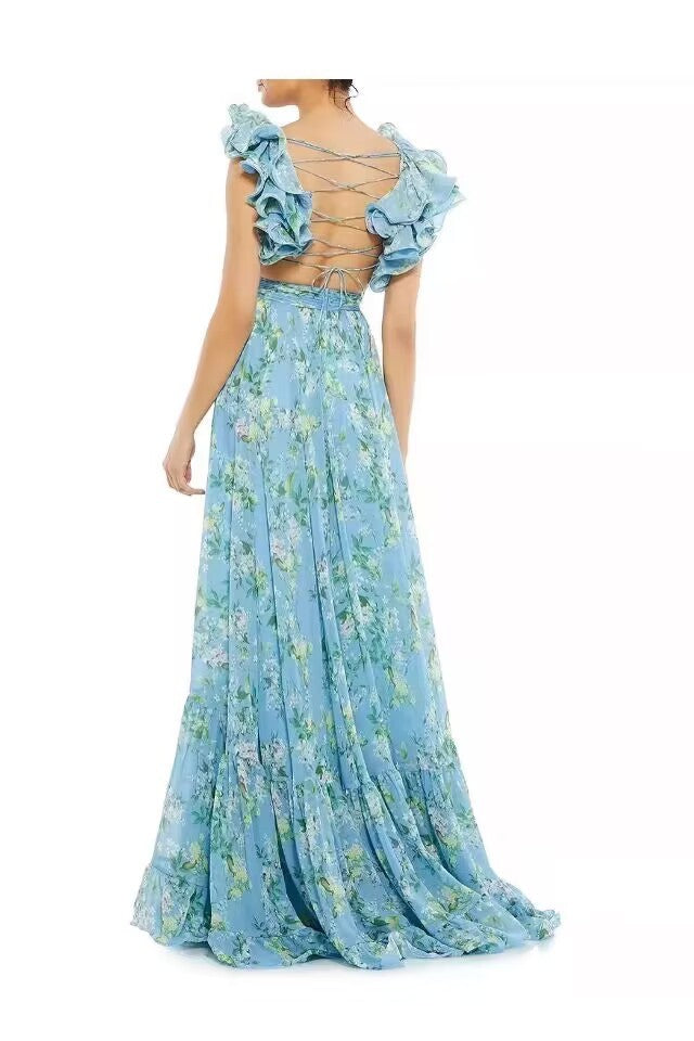 Women's Cut-out Ruffled Sleeveless Waist-controlled Hem Dress