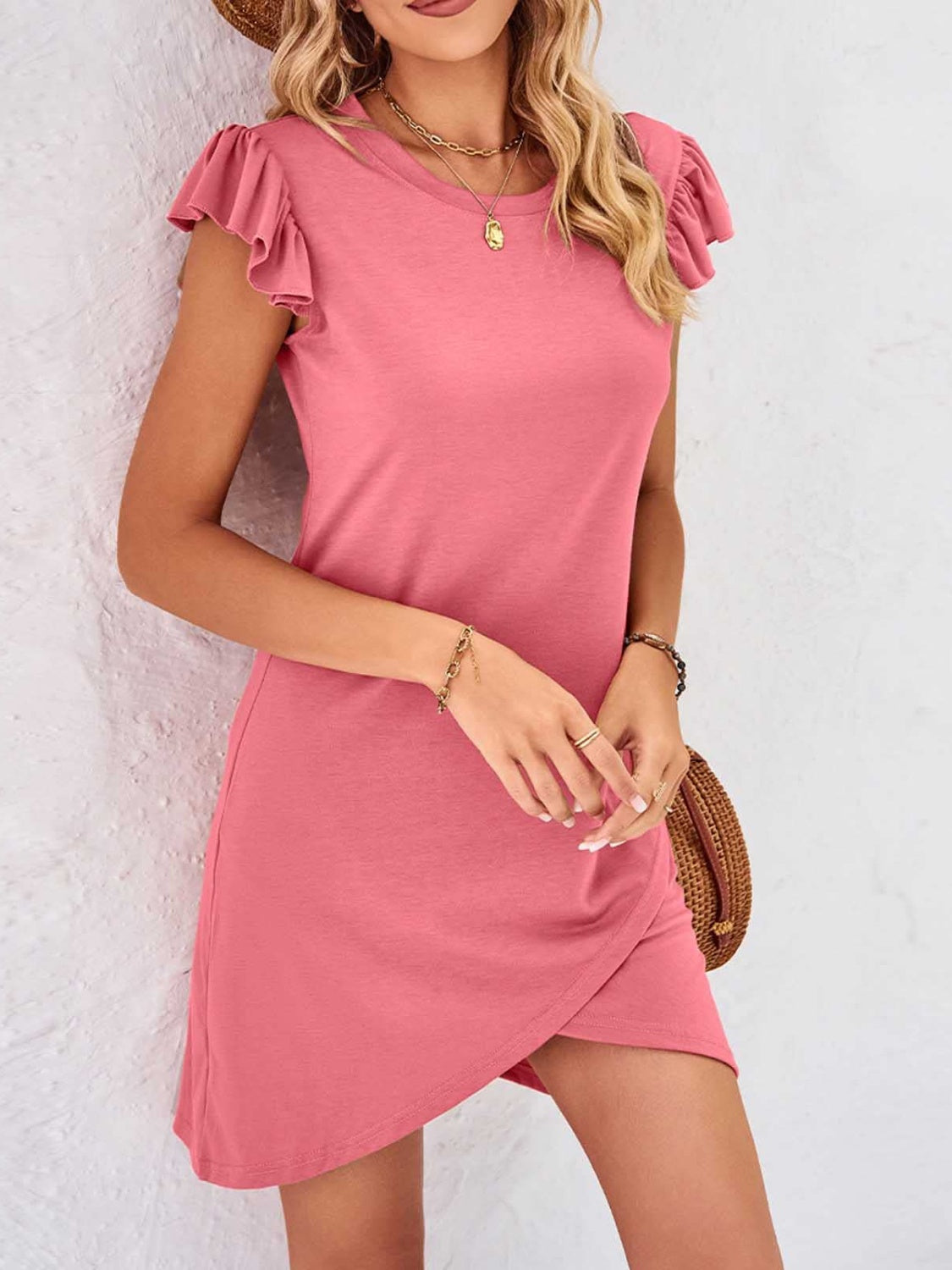 Ruffled Round Neck Cap Sleeve Mini Dress - Taboochic