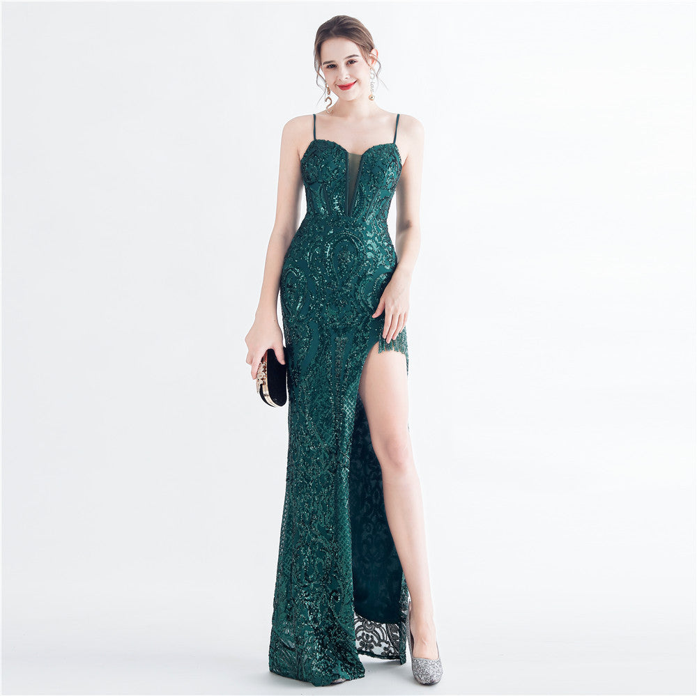 Handmade Beaded Flower Sequined Fishbone Evening Strap Party Dress