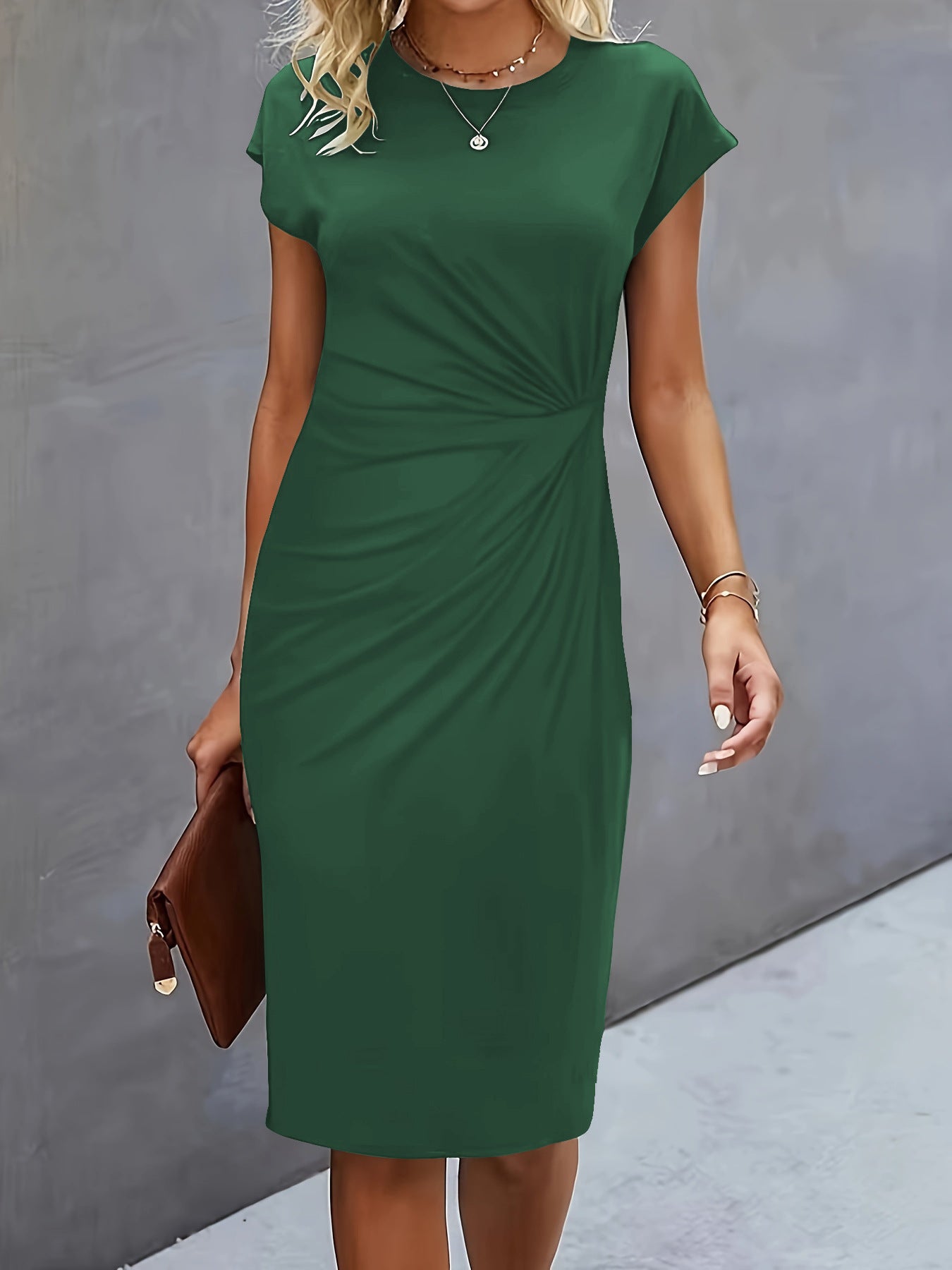 Women's Casual Tight Front Knot Round Neck Midi  Dress