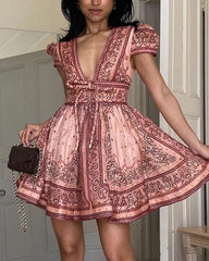 Women's V-neck Printed Short Sleeve Lace-up Mini Dress