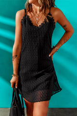 Swiss Dot Lace Trim V-Neck Dress - Taboochic