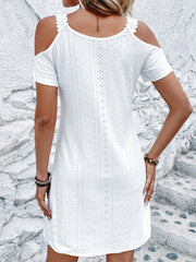 Eyelet V-Neck Cold Shoulder Mini Dress - Taboochic