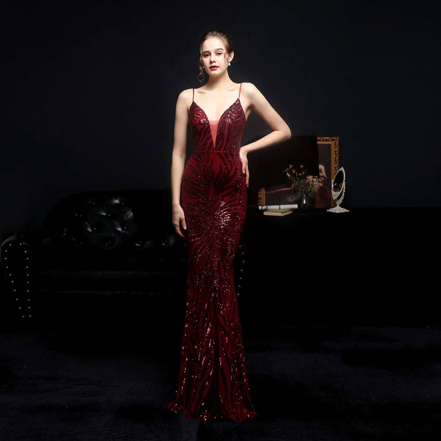 New Sequined Mermaid Evening Backless Formal Dress