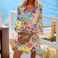 Five-quarter Short Sleeve Ruffled V-neck Color Mini Dress