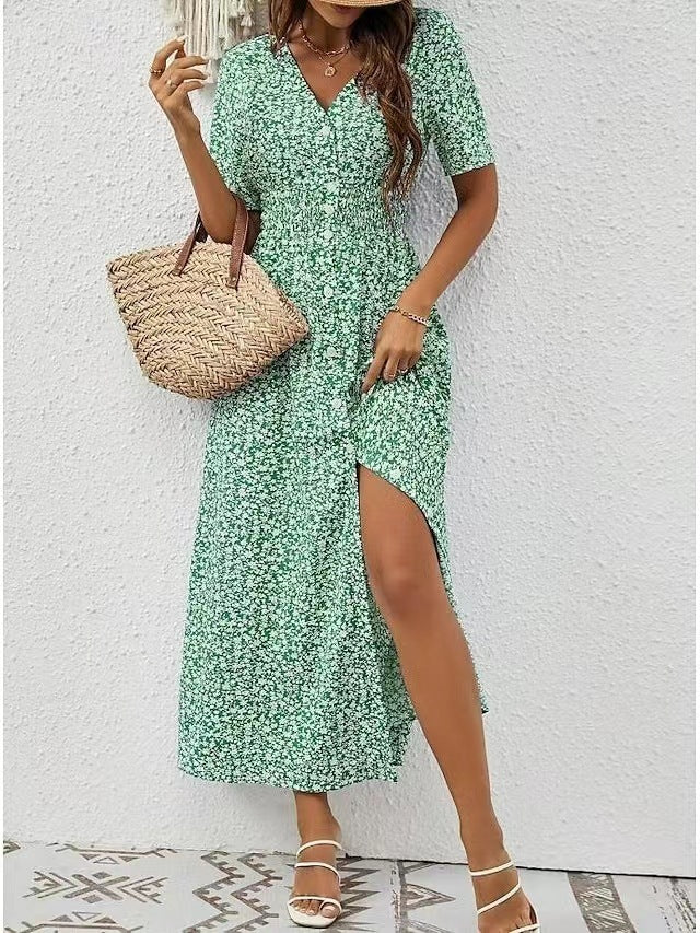 Summer New V-neck Printed Short Sleeve Split Dress