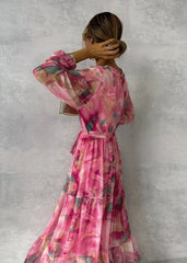 Elegant Drawstring Patchwork Big Swing Chiffon Dress