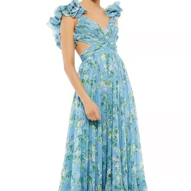 Women's Cut-out Ruffled Sleeveless Waist-controlled Hem Dress