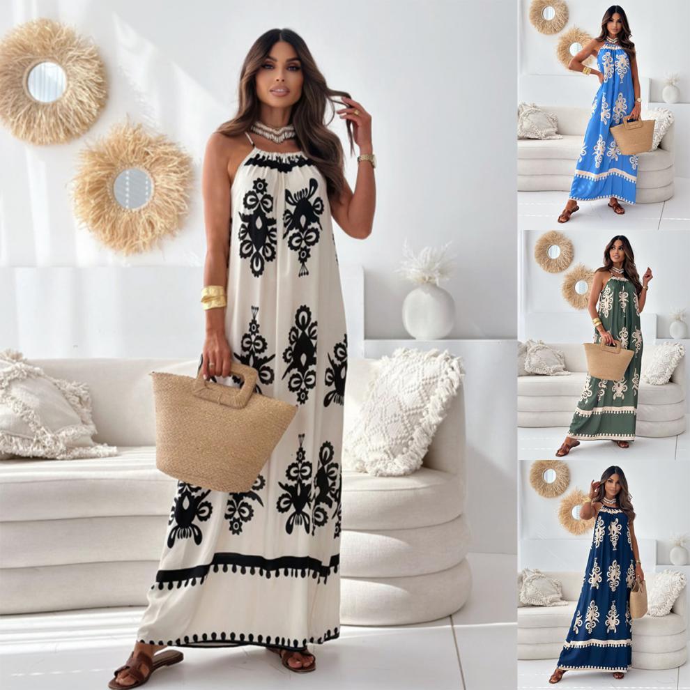 European And American Ladies Fashion Printing Slip Maxi Dress