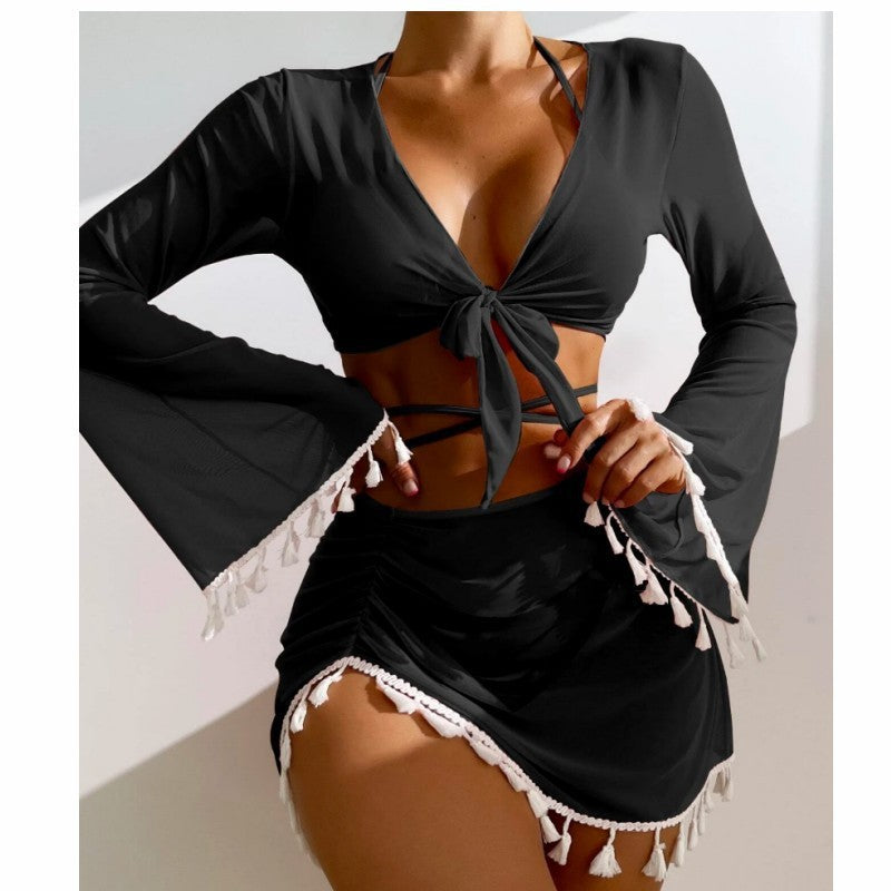 4pcs Solid Color Bikini With Long Sleeve Cover-up Top