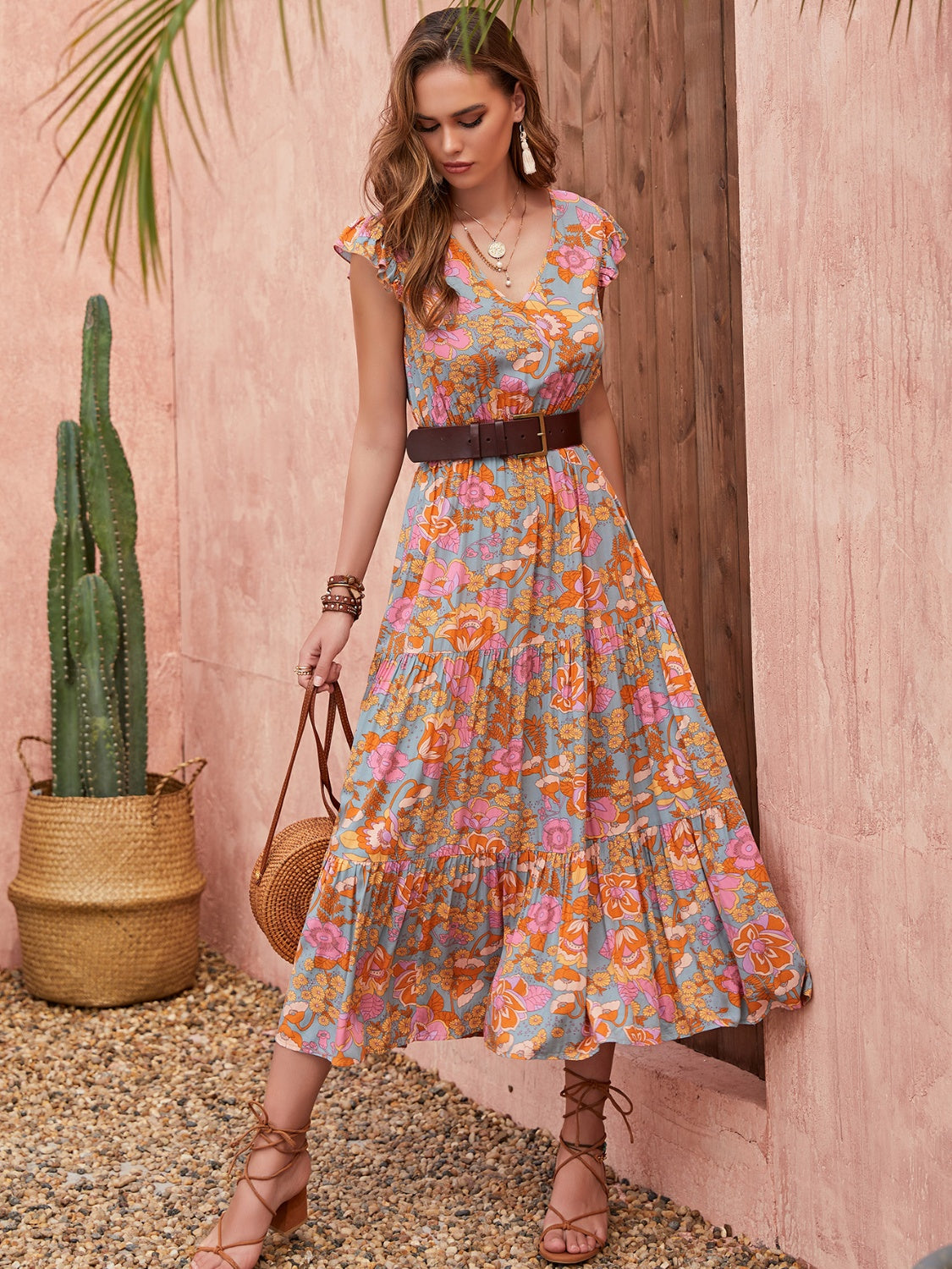 Ruffled Printed V-Neck Cap Sleeve Tiered Dress