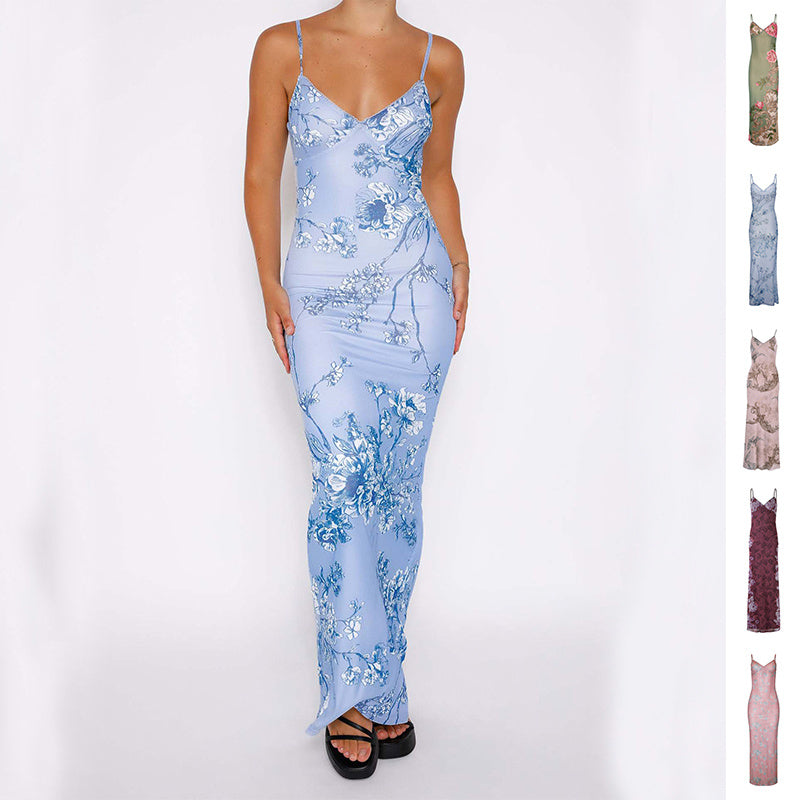 Y2K Slim Flowers Printing Slip Dress