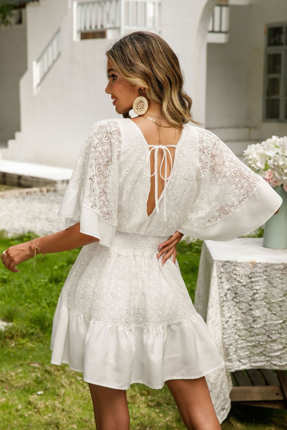 Lace Cutout Surplice Half Sleeve Dress - Taboochic