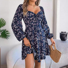 Fashion Floral Print Lantern Square Neck Long Sleeve A-Line Dress