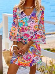 Five-quarter Short Sleeve Ruffled V-neck Color Mini Dress
