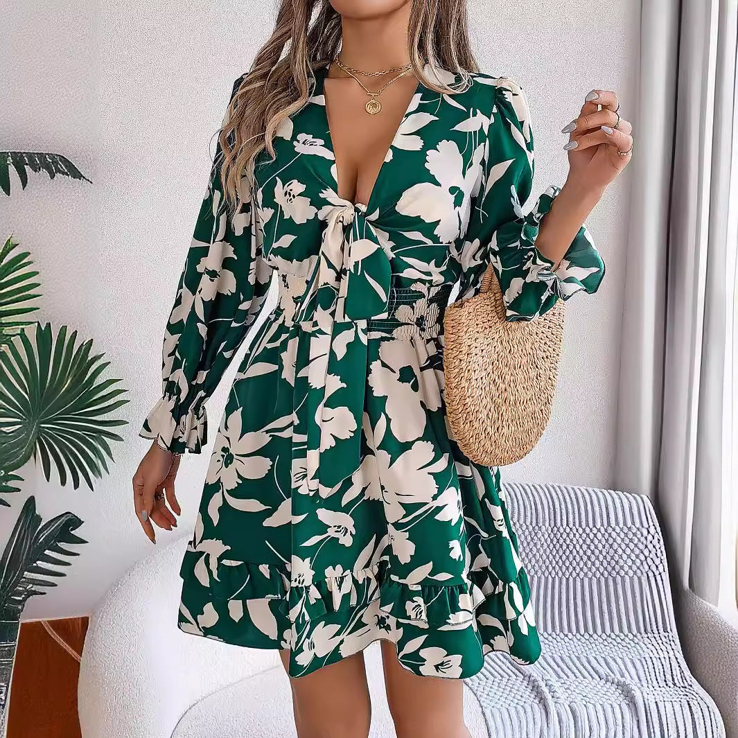 New Floral Printed V-Neck Long Sleeve Mini Dress