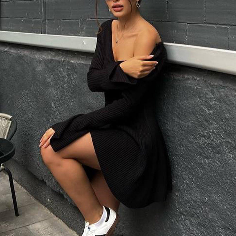 Sexy Slim V-Neck Long Sleeve Knitted Mini Dress