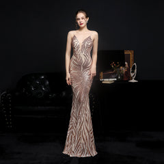 New Sequined Mermaid Evening Backless Formal Dress