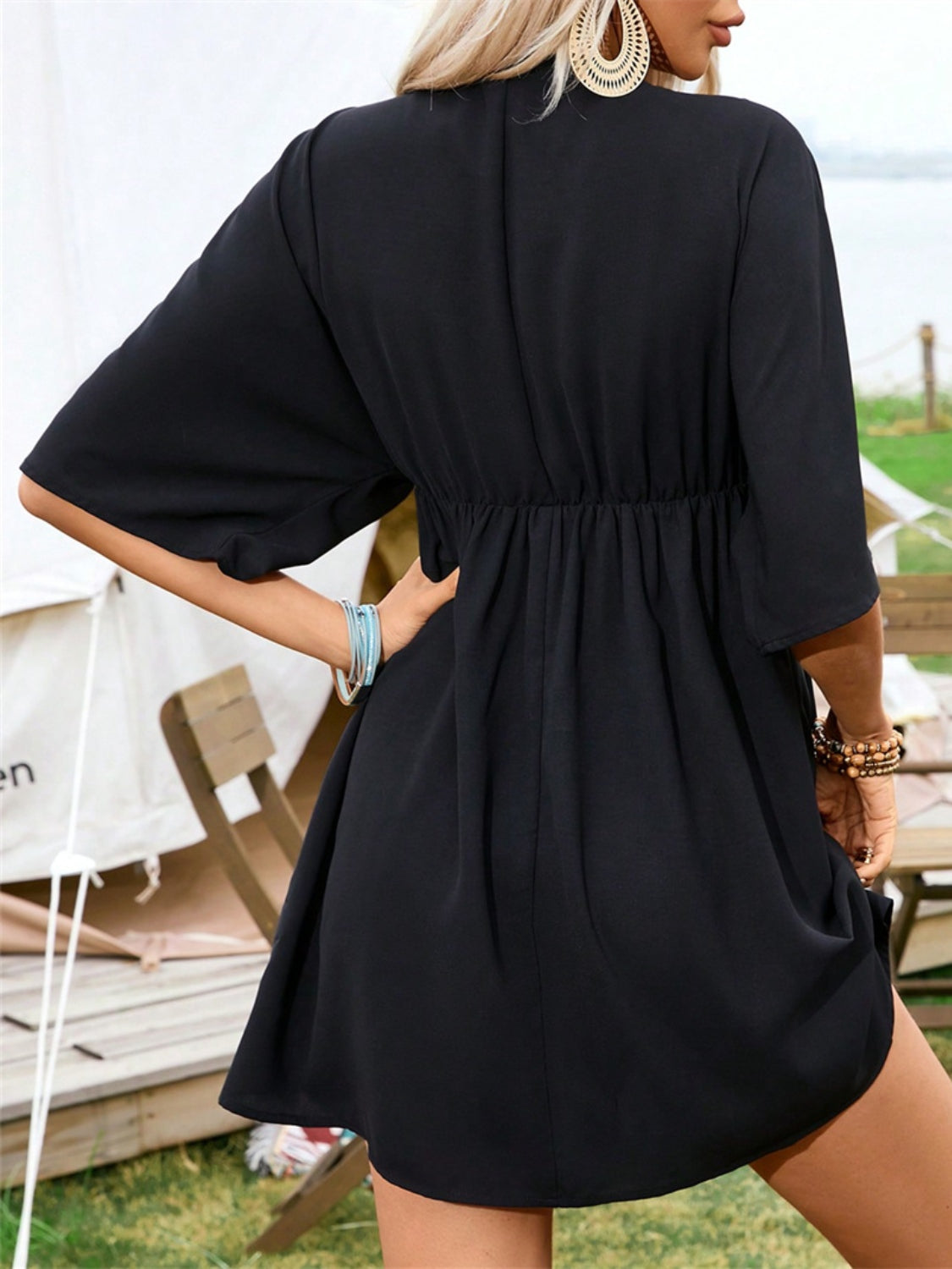 Embroidered Plunge Half Sleeve Mini Dress - Taboochic