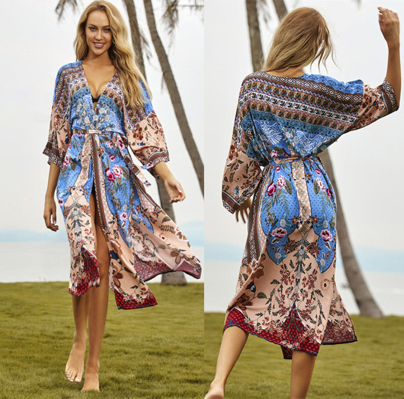 Rayon Watermark Printed Beach Cover-up Cardigan Midi Dress