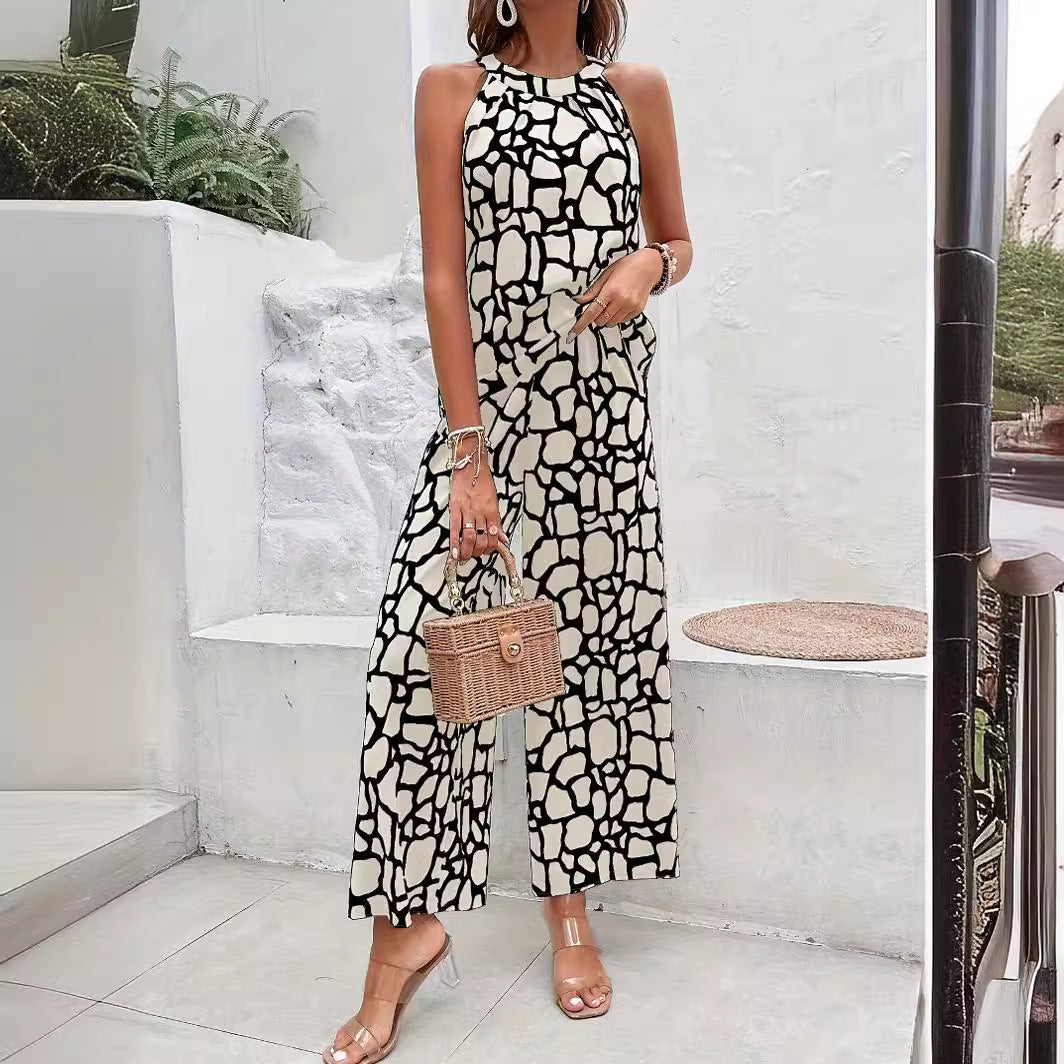 Printed Waist-controlled Lace-up Top One-piece Trousers