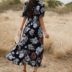 Floral V Neck Elastic Waist  Midi Dress