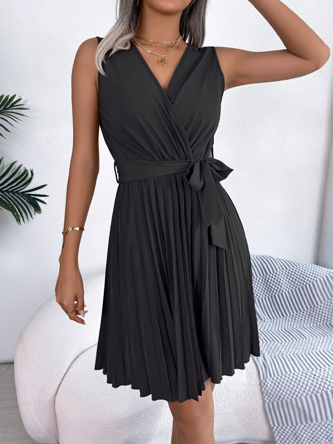Tied Surplice Sleeveless Pleated Dress - Taboochic