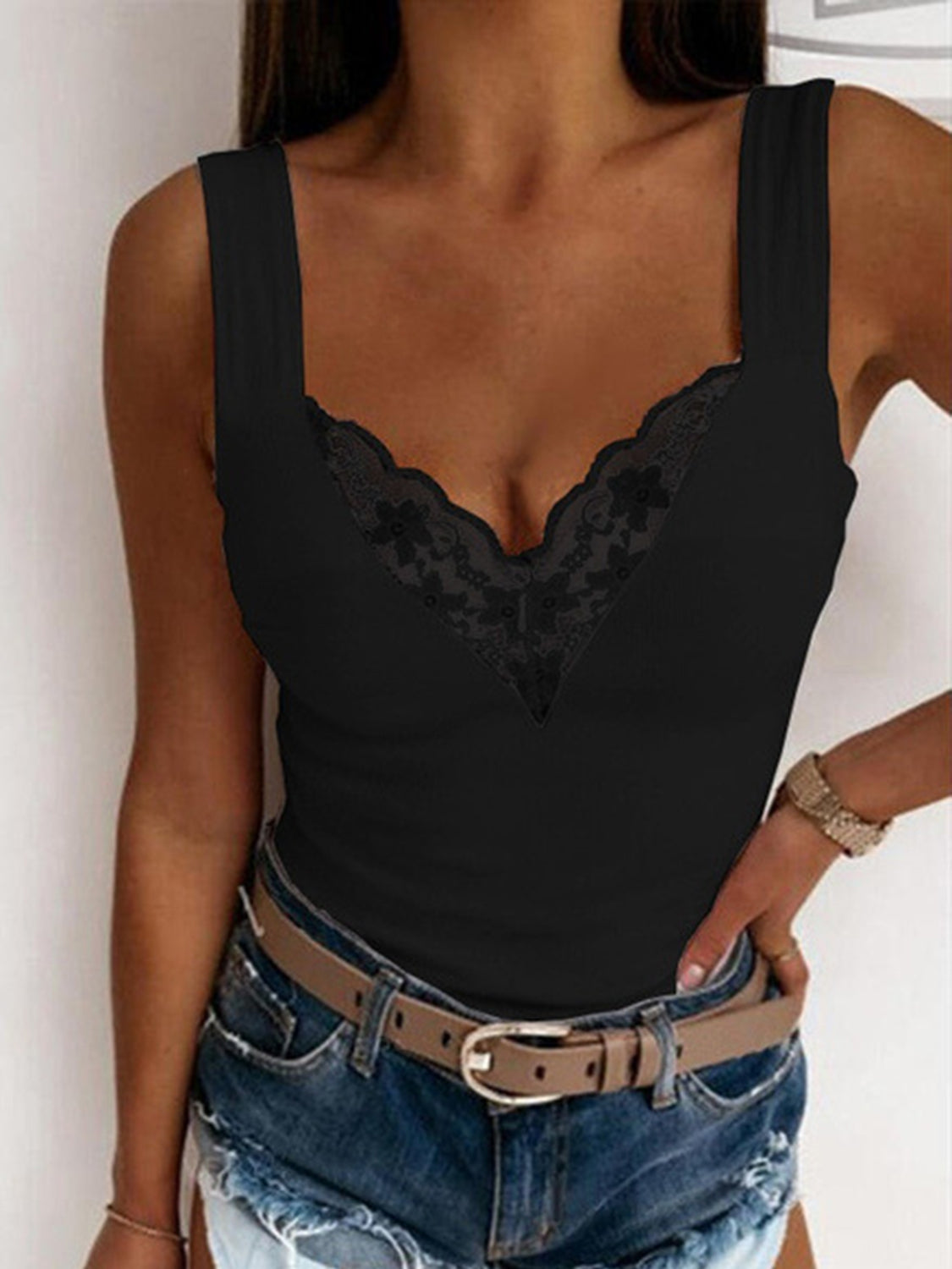 Full Size Lace Detail Sweetheart Neck Tank - Taboochic