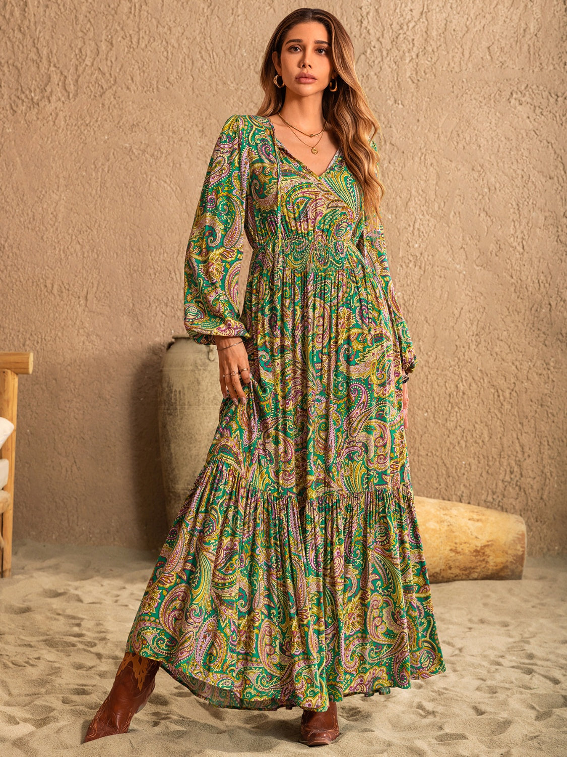 Printed Tie Neck Long Sleeve Dress - Taboochic