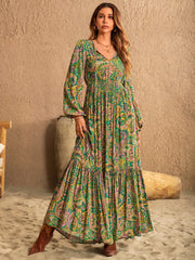 Printed Tie Neck Long Sleeve Dress - Taboochic