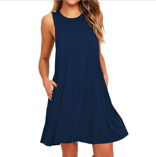 Summer Women Casual Pocket Sleeveless Midi Dress