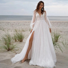 Beach Boho V-Neck Tulle Wedding Long Dress