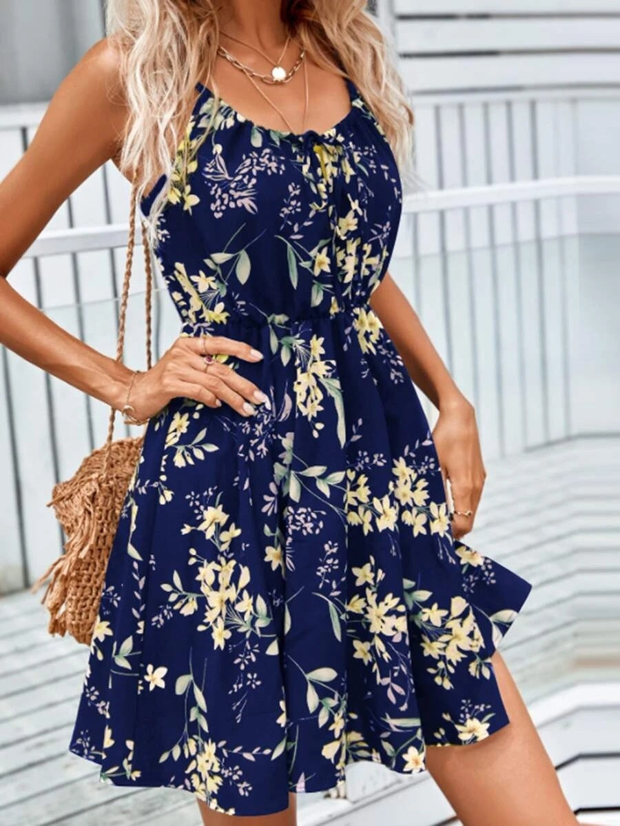 Floral Print Suspender Strap Dress With Elastic Waist Design