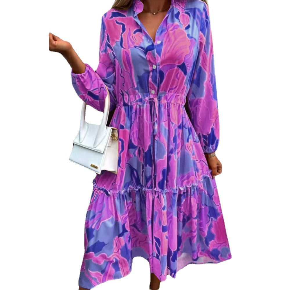 Women's Printing Loose And Stylish Long Sleeves Midi Dress