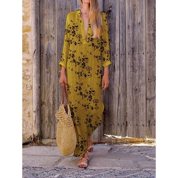 Chest Slit V-neck Irregular Digital Printing Long Sleeve Dress