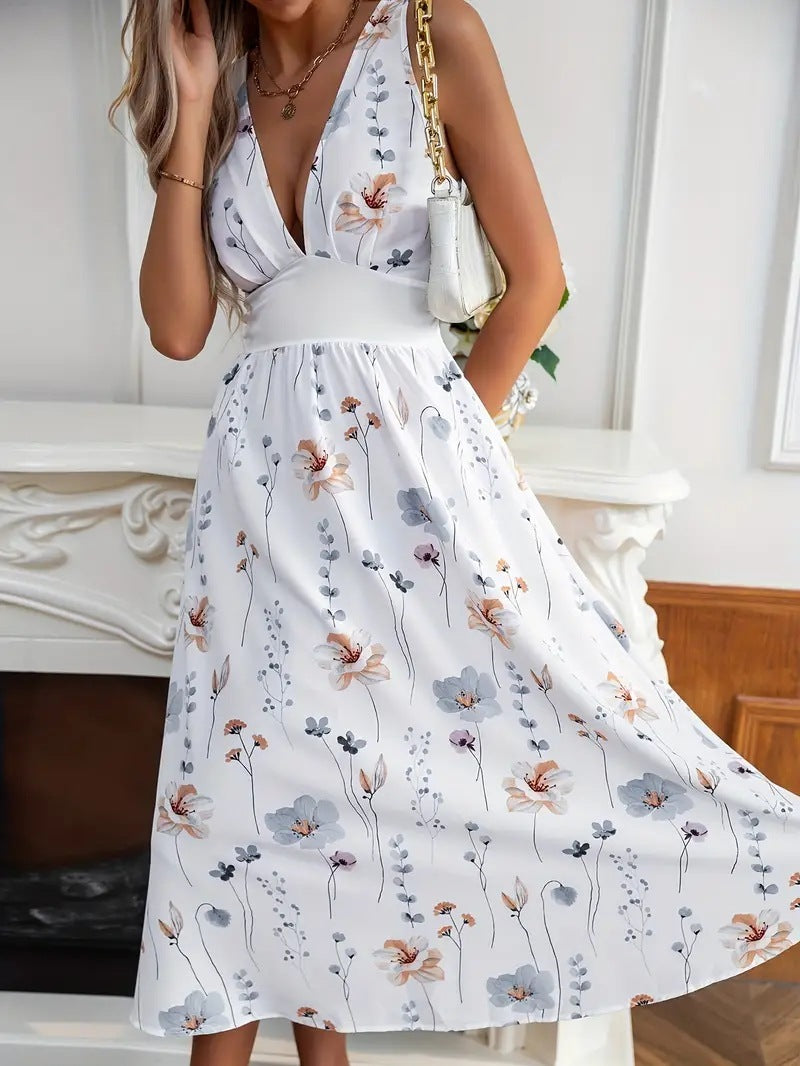 Women's Summer New V-neck High Waist Sleeveless Printed Dress