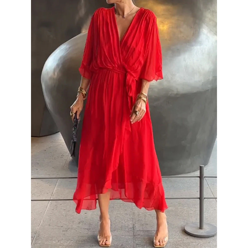 Batwing Sleeve V-neck half sleeve Midi Dress