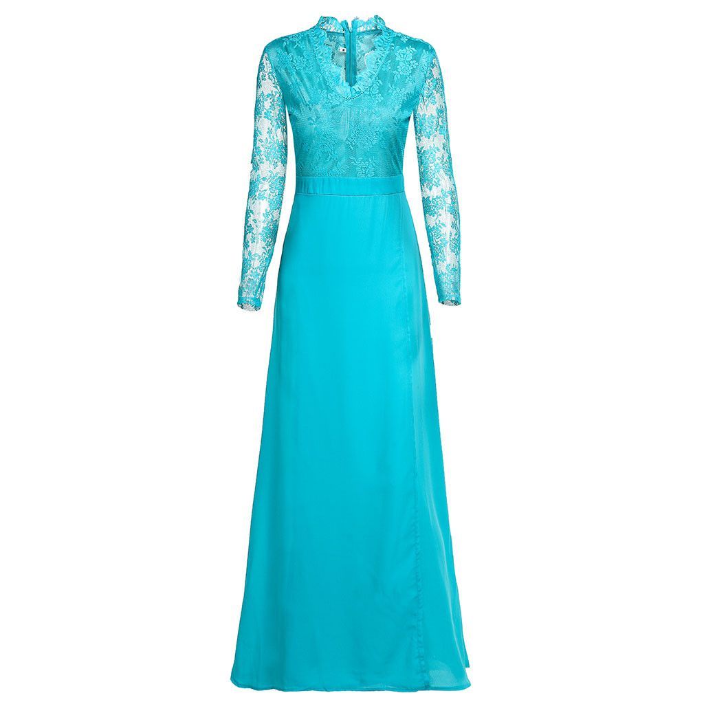 Women V-neck Sexy Lace Elegant Wedding Party Long Sleeve Dress