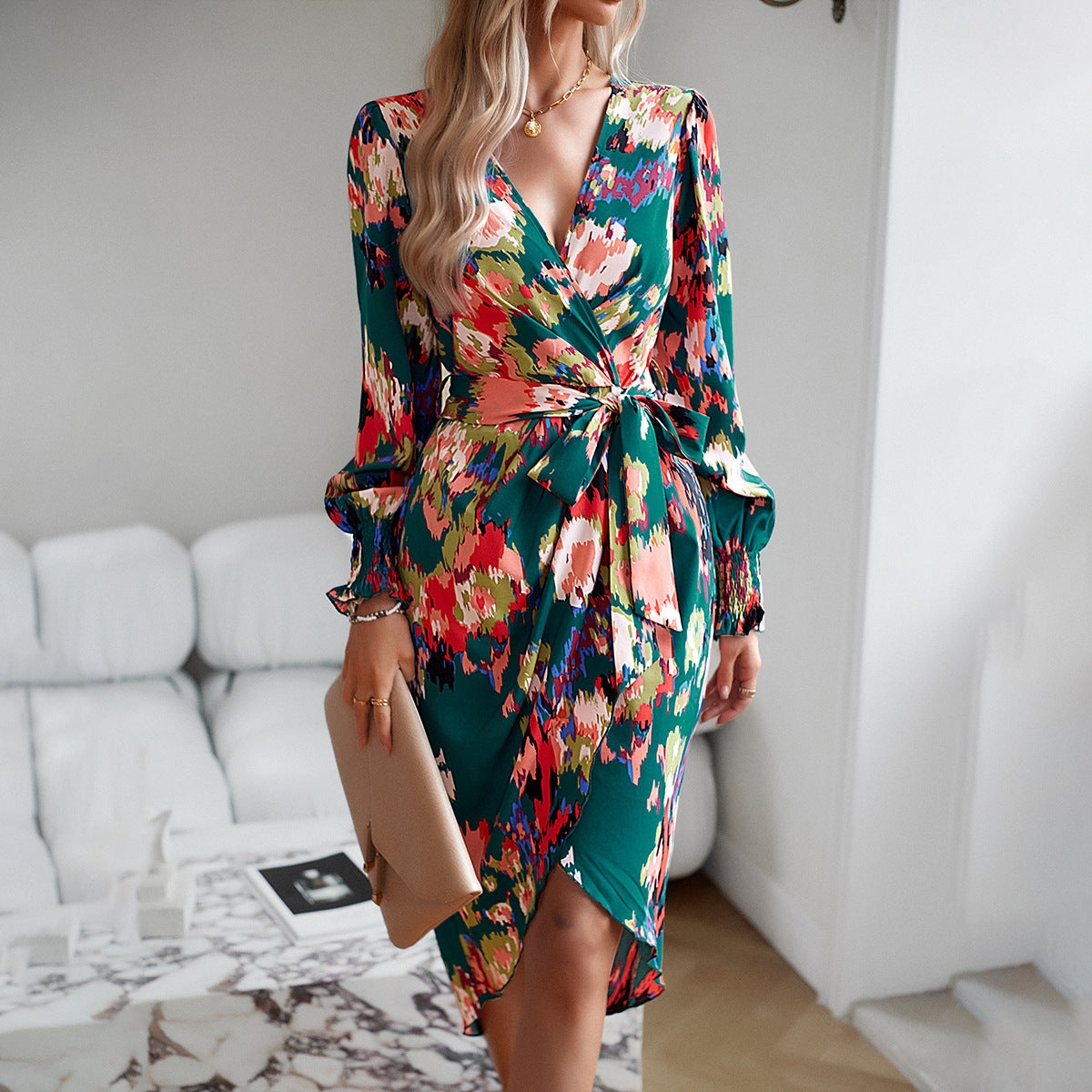 Printed Autumn Winter Elegant V-neck Long Sleeve Dress