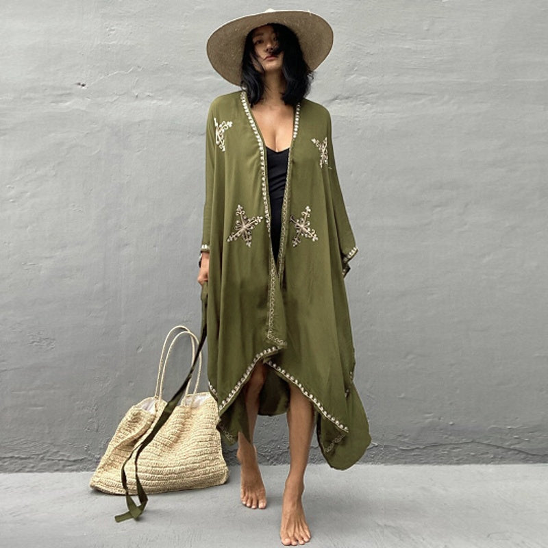 Rayon Embroidered Holiday Sun Protection Cardigan Beach Cover Up Top