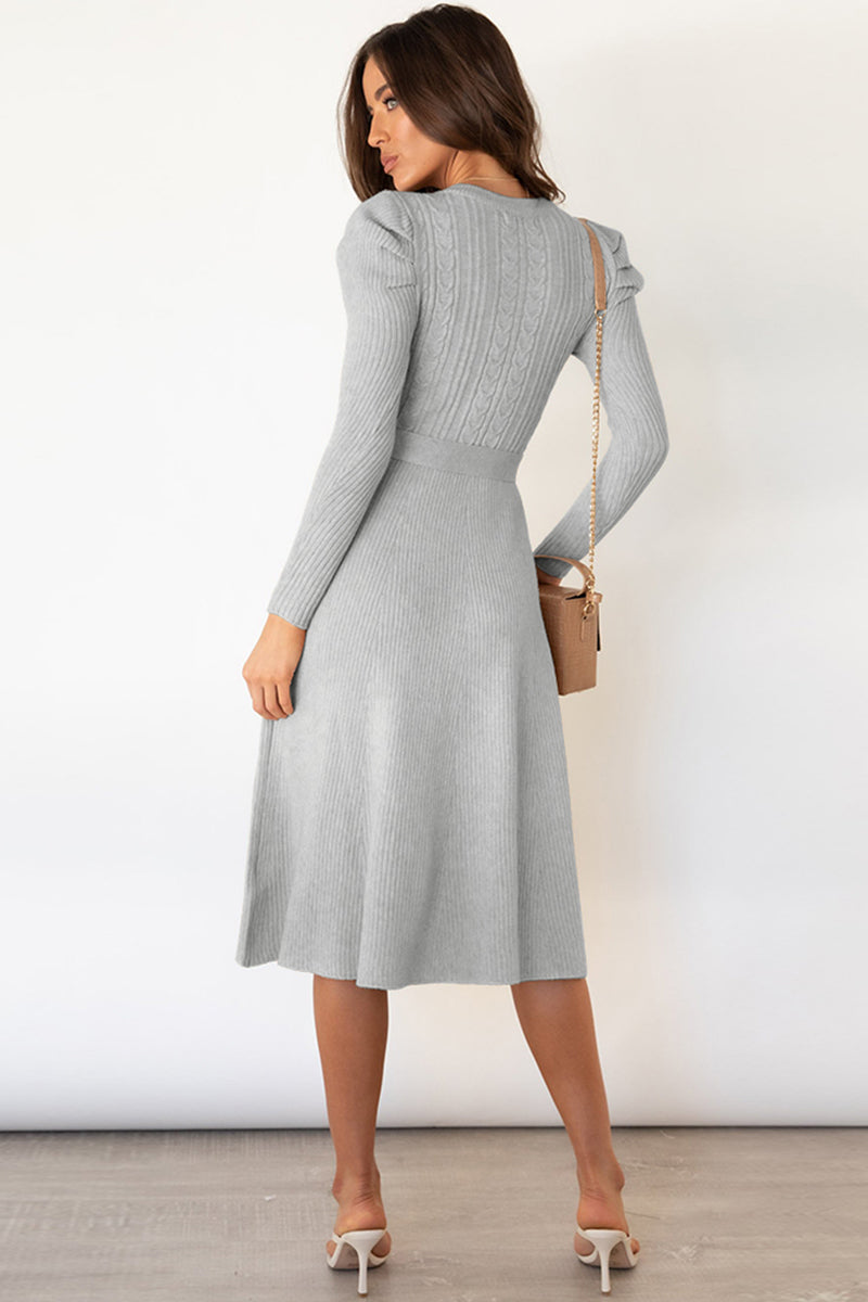 Round Neck Long Sleeve Tie Waist Sweater Dress - Taboochic