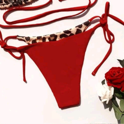 Women's Leopard Print Split Lace-up Bikini Suit