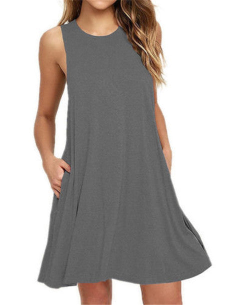 Summer Women Casual Pocket Sleeveless Midi Dress