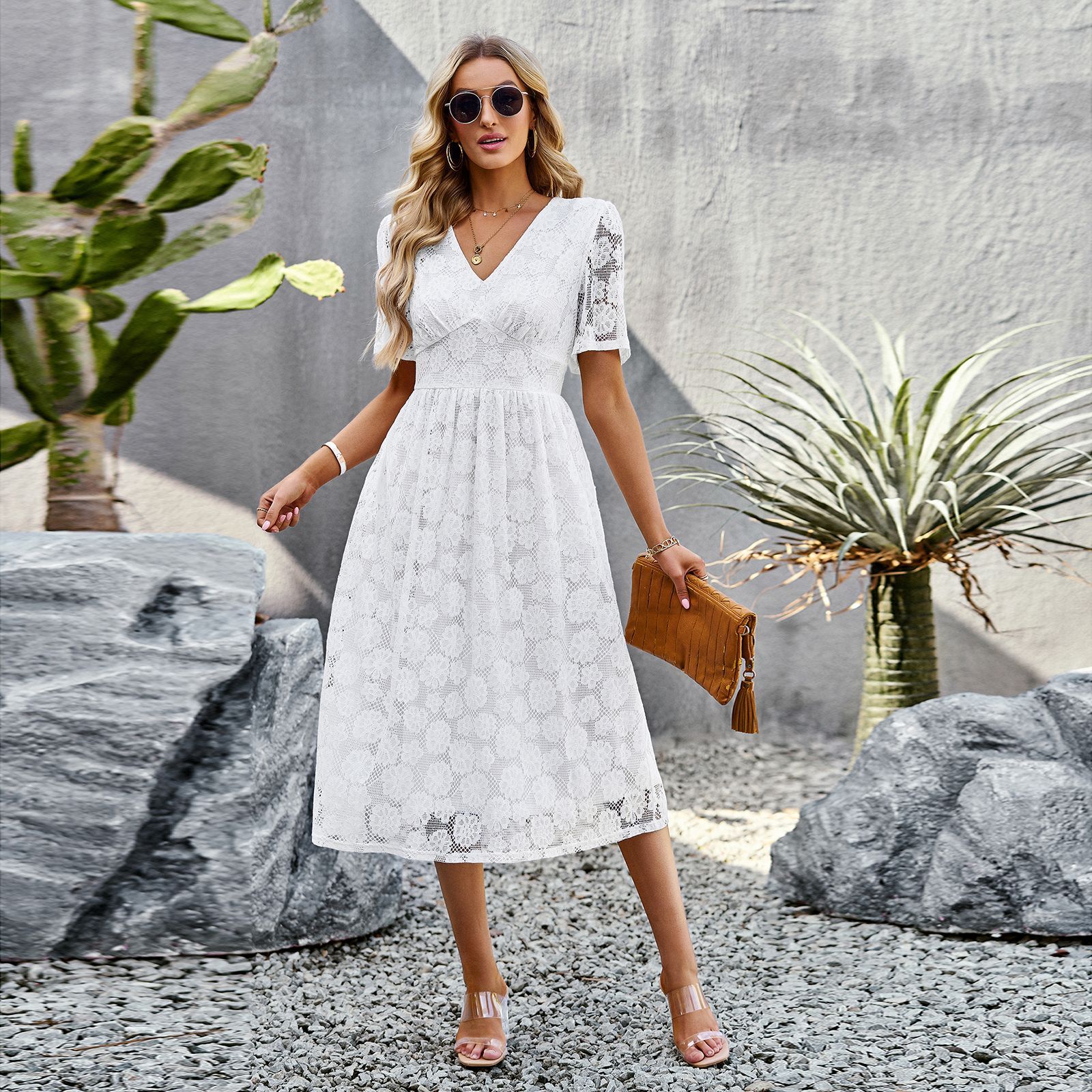 Fashion V-neck Elegant Short Sleeve Long Dress