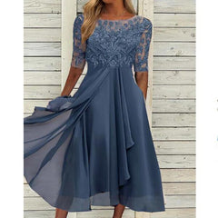 Chiffon Stitching Lace Hollow-out Dress Bridesmaid Evening Formal Midi Dress