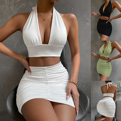 Women Halter Lace-up Hip 2pcs Dress