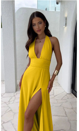 Sexy Halterneck V-neck Slit Backless Strappy Dress