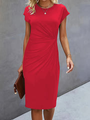 Women's Casual Tight Front Knot Round Neck Midi  Dress